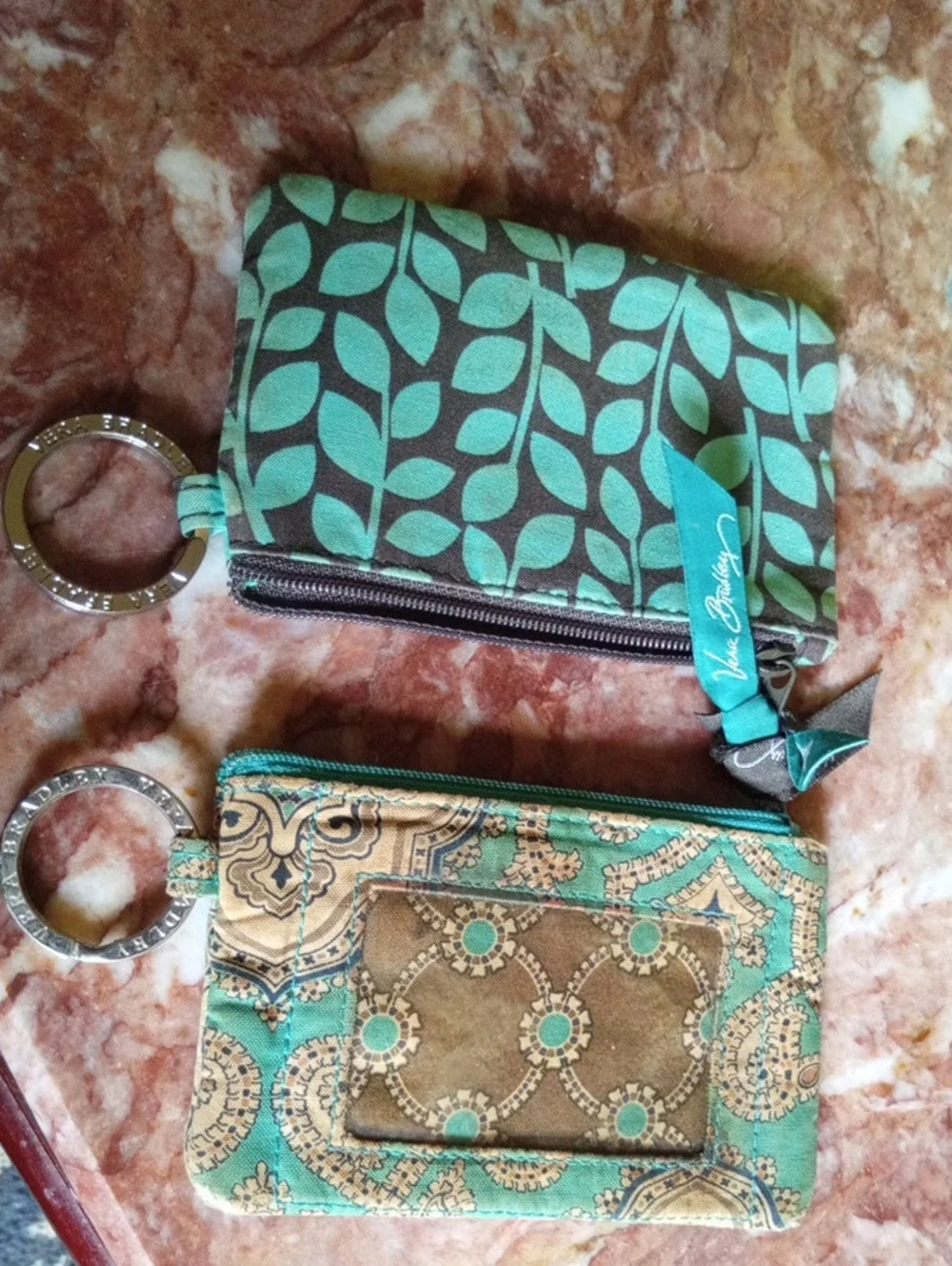 2#Vera Bradley Teal and Brown Patterned Zip Card Case with Key Ring Duo